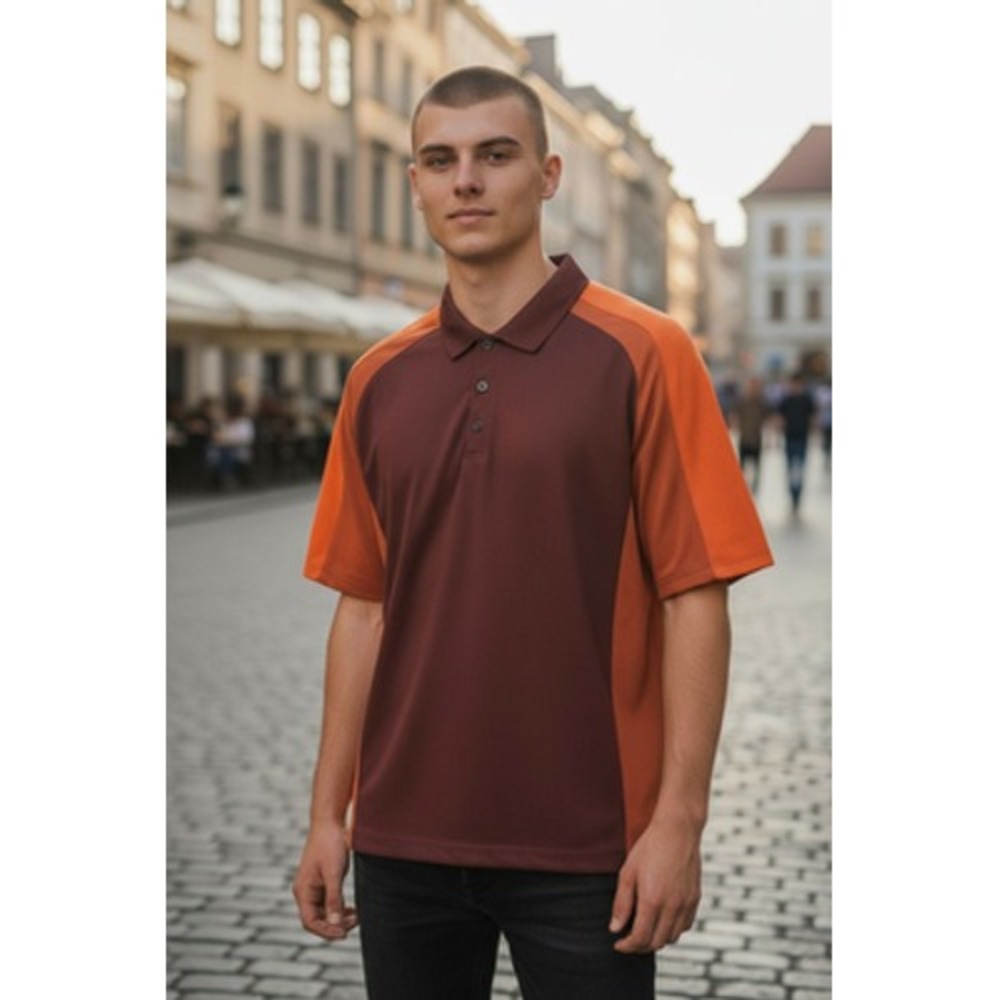 Nike Polo Shirt Mens Medium Brown Orange Dri-FIT UV Golf Colorblock Raglan Mesh‎